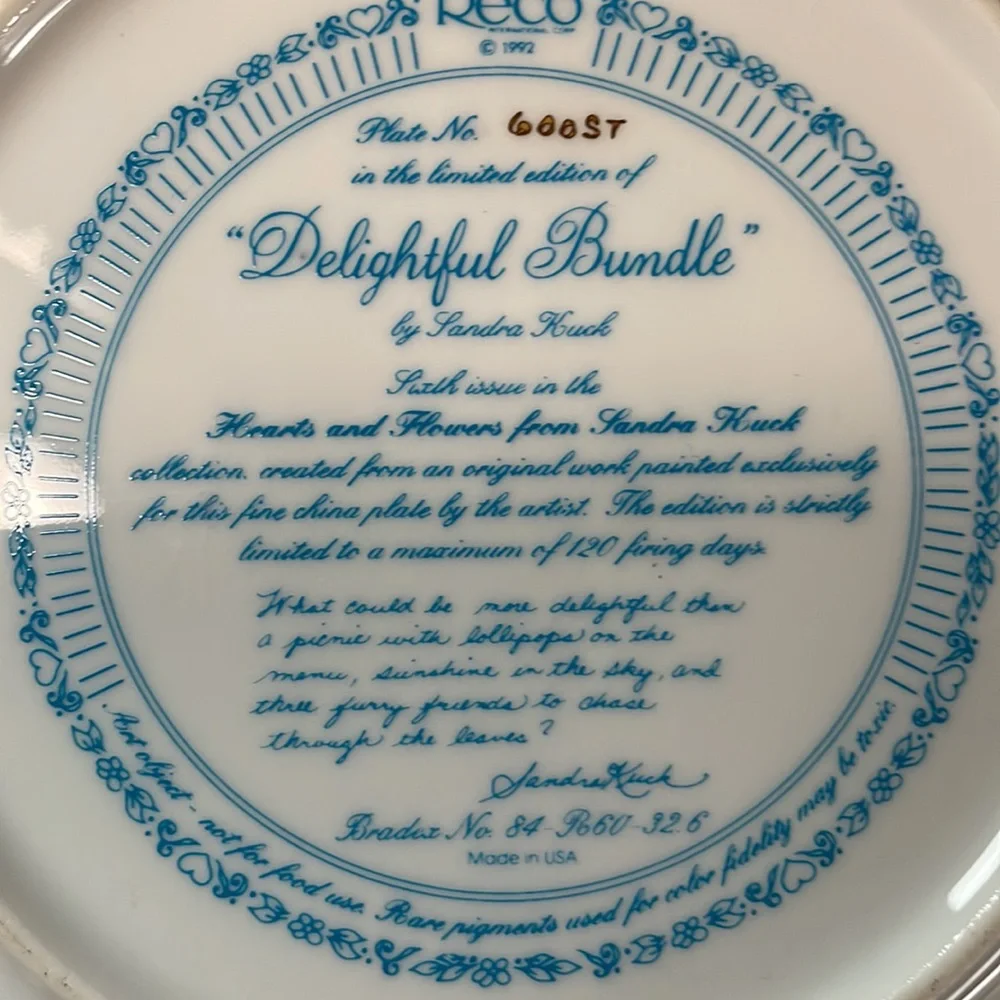 Vintage 1992 Reco “Delightful Bundle” Limited Edition Plate Sixth Issue